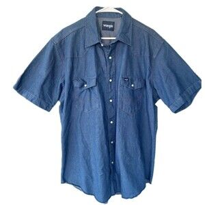 Wrangler Denim Pearl Snap Shirt Men's XL Western Short Sleeve Vtg Cowboy Work